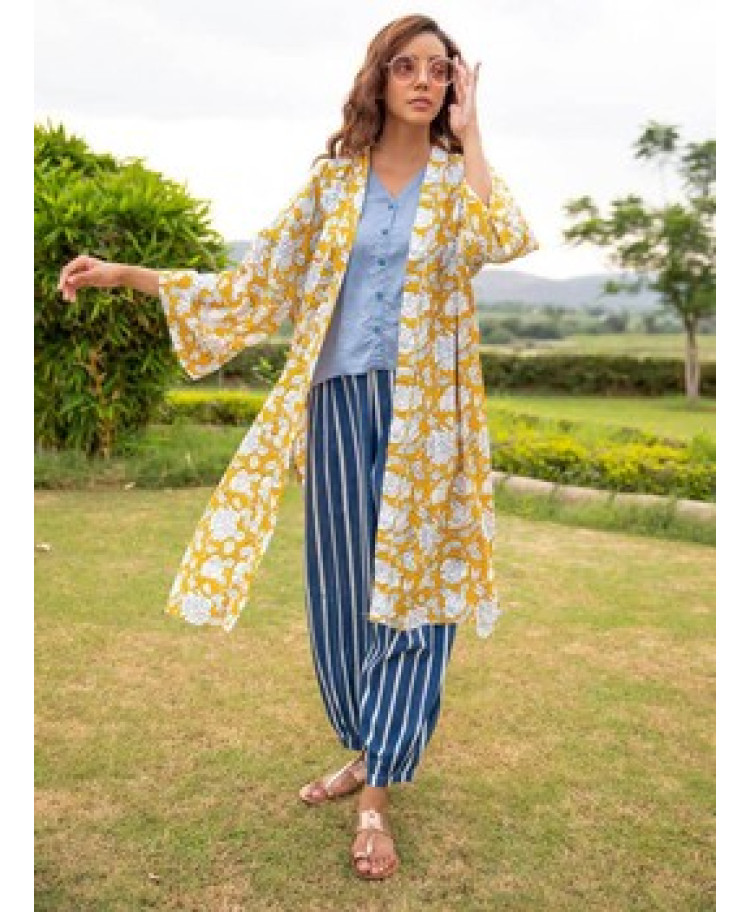 Yellow Sapphire Modal Silk Hand Block Printed Kimono