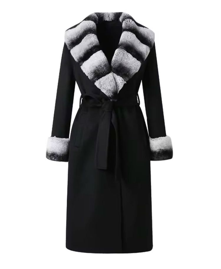 LONG CASHMERE COAT REX RABBIT FUR COLLAR CUFF