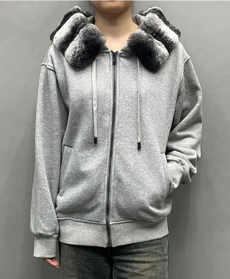 UTUMN WINTER HOODIE CARDIGAN REAL REX RABBIT FUR COLLAR LADY