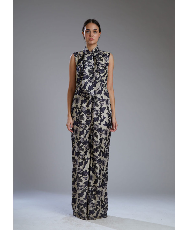 KONCW101-DABU WHITE AND BLACK FLORAL JUMPSUIT