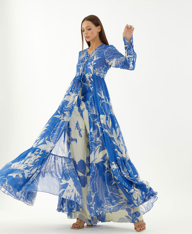 KOFW22012 - BLUE AND WHITE FLORAL KAFTAN CAPE
