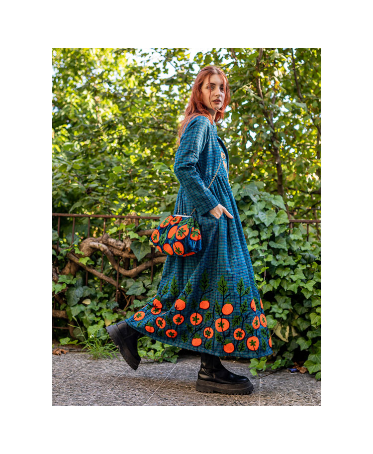 Blue/orange Wool dress embroidered