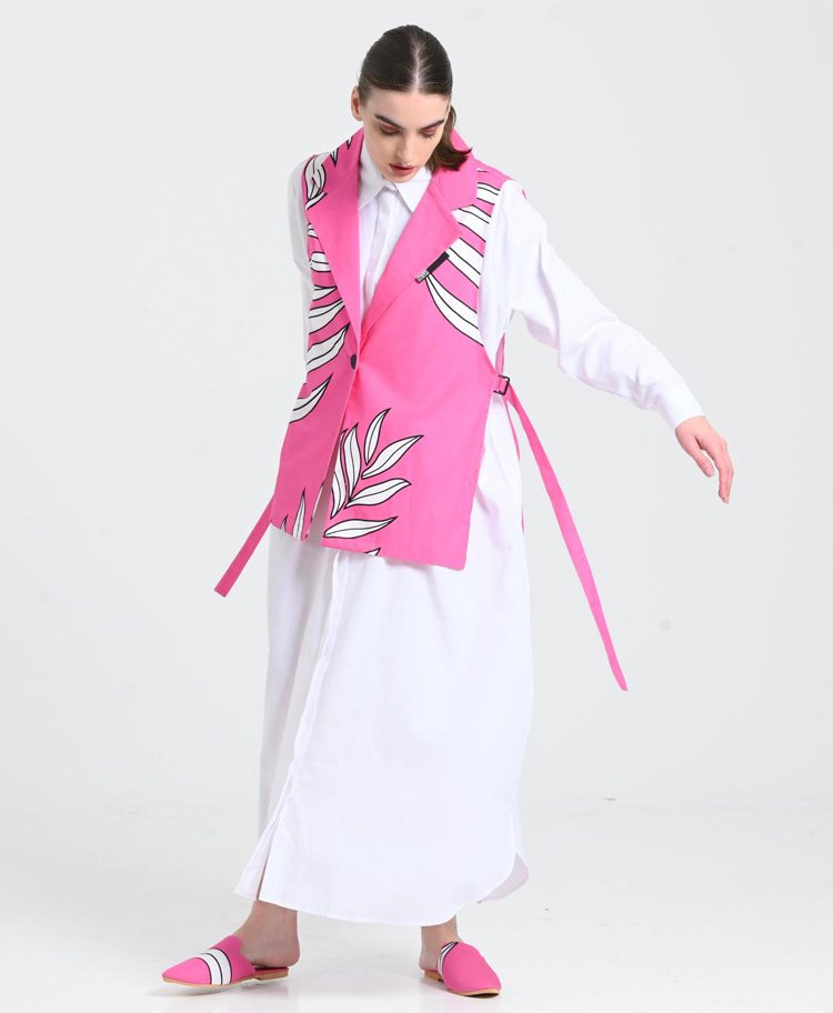 ZAHAR WHITE LONG SLEEVES DRESS WITH PINK VEST