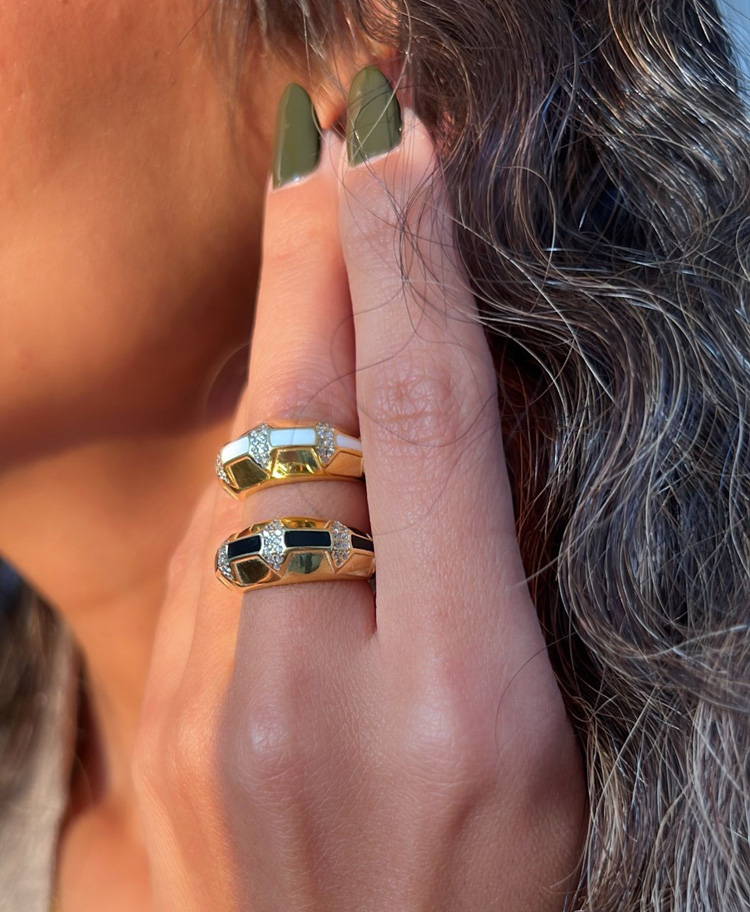 WHITE / BLACK TRIPLE ZIRCONIA DOME ADJUSTABLE RING